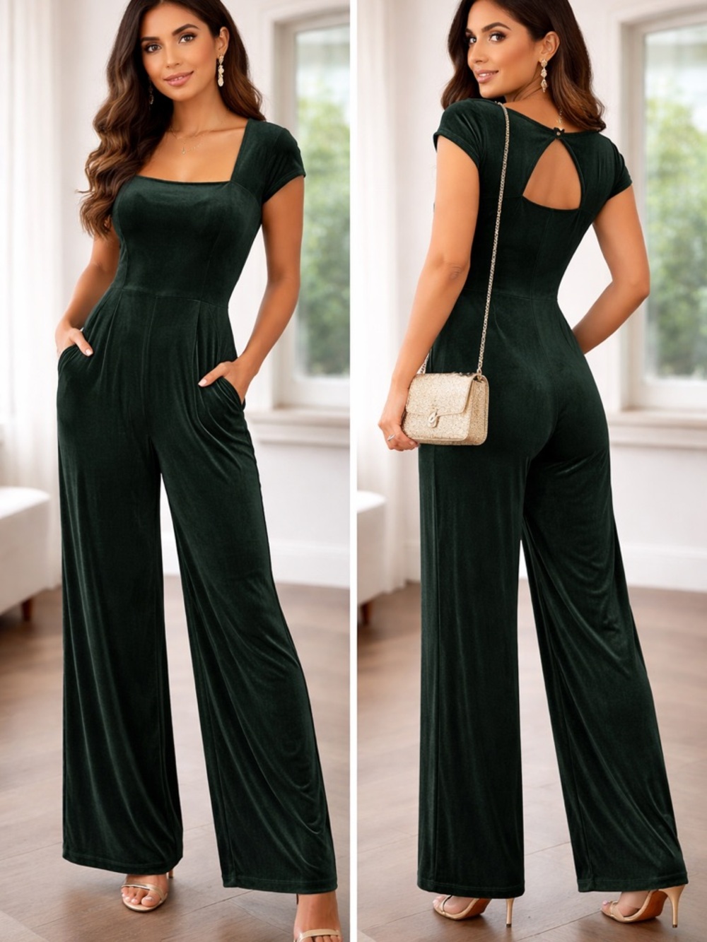 Old Navy Dark Green Velvet Square-Neck Wide-Leg Jumpsuit
